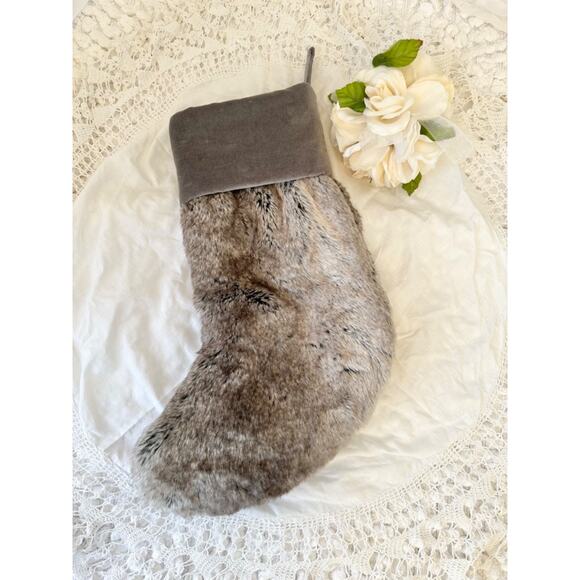 Pottery Barn Faux Fur Minky Grey Christmas Stocking Gray Holiday Decor LARGE - Picture 5 of 7